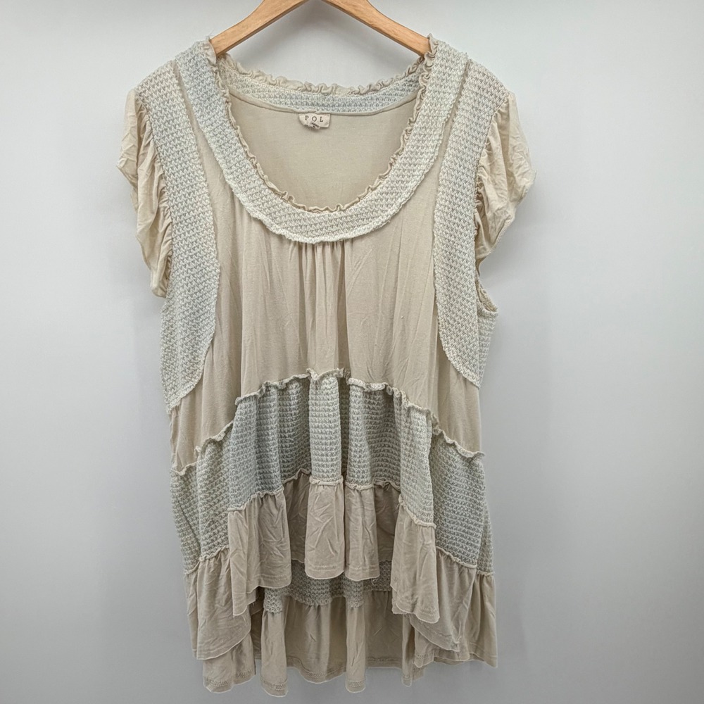 POL Tunic Top Womens Medium Beige SMT2076 Mixed Media Waffle Knit Boho Ruffle